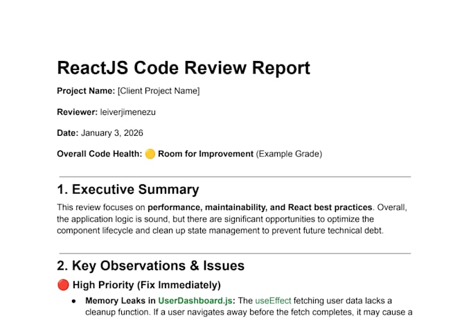 perform a reactjs code review for performance, security, and clean architecture